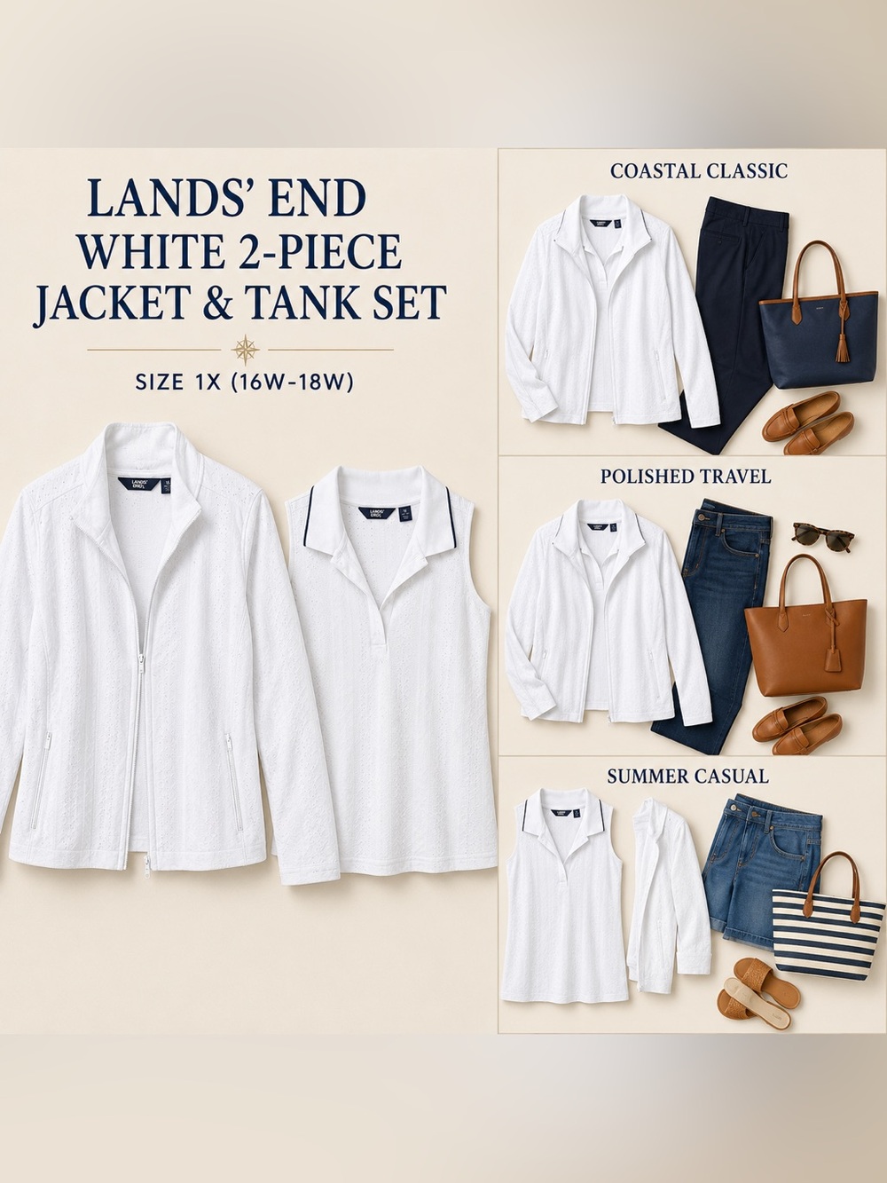 Lands’ End White 2-Piece Jacket Collared Tank Set Size 1X
